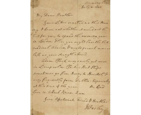 Wesley (John, Church of England clergyman and a founder of Methodism, 1703-91) Autograph Letter signed to Rev. John Bredin, s
