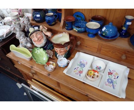 A PAIR OF ROUEN MAJOLICA CAT CANDLESTICKS, two Royal Doulton character jugs, 'Old Salt' and 'Old Charley' a Poole pottery Hor