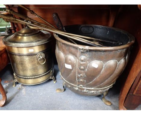 A BRASS LOG BIN, a coal box and fireplace tools (as lotted)