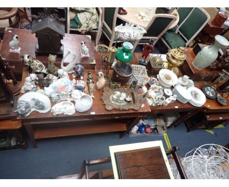 A MAHOGANY CARD TABLE and a grained serving table (2)