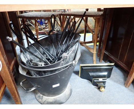TWO COAL SCUTTLES and fire tools