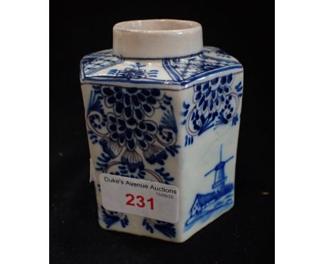 A HEXAGONAL DELFT TEA CADDY, 9.5cm high