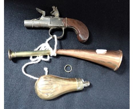 A POCKET PISTOL, together with a hunting horn and powder flask (3)