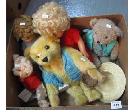 Box of soft toys and dolls to include; a Steiff classic 1909 teddy bear. (B.P. 24% incl. VAT)