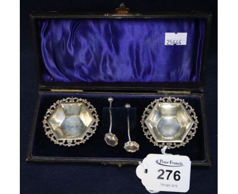 Pair of silver fancy open salts with spoons, in original box. Birmingham hallmarks. (B.P. 24% incl. VAT) CONDITION REPORT: So