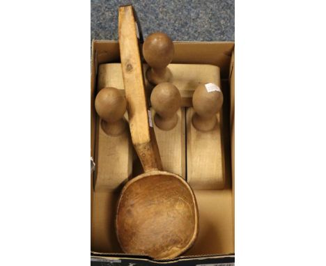Collection of four butter moulds in beech and sycamore, together with a traditional Welsh wooden cawl ladle. (B.P. 24% incl. 