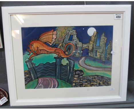 Dorian Spencer Davies (contemporary Welsh), 'Dragon at the castle gate, Newcastle Emlyn', signed, watercolours. 30 x 41cm app
