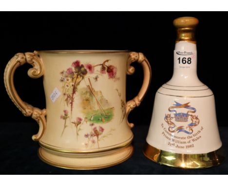 Royal Worcester blush ivory two handled loving mug decorated with flowers and golf clubs (AF), together with a Wade commemora