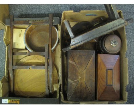 Two boxes of wooden items to include; a 19th Century sarcophagus tea caddy and another similar tea caddy, miniature stained f