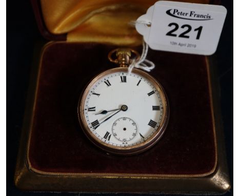 9ct gold open faced keyless gentleman's pocket watch with enamel Roman dial. Engraved, presentation inscription. (B.P. 24% in