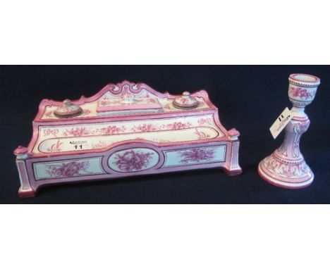 Early 19th Century Gien fiaence pottery double encier or desk writing set, together with a taper stick overall with flowers a