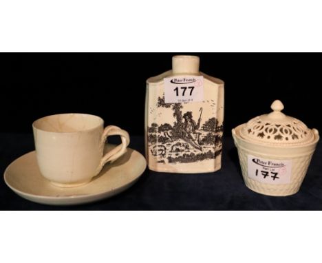A group of three Leeds pottery items to include; bat printed creamware tea caddy, 11cm high approx, small basket shaped jar w