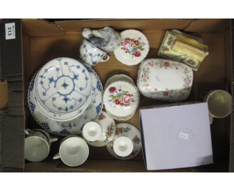 Box of assorted china to include; Royal Copenhagen blue and white teaware, Coalport trinket boxes, Nao porcelain puppy figure