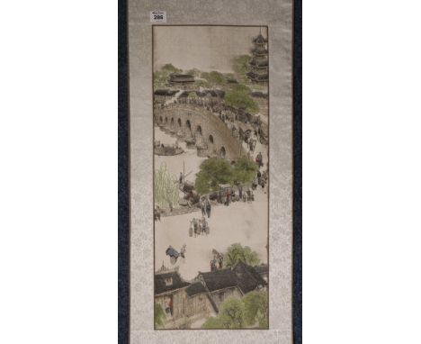 Chinese Shu brocade scroll with scenic panel, modern. In original fitted box. (B.P. 24% incl. VAT)