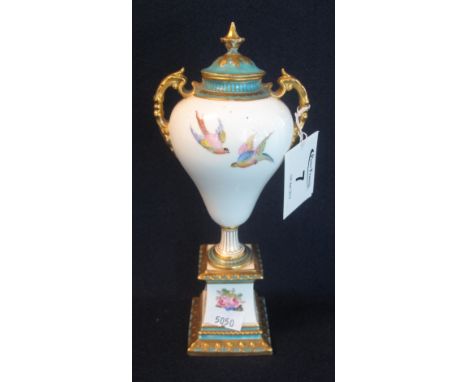 Royal Crown Derby jewelled two handled vase, overall decorated with love birds and flowers, standing on a square pedestal bas