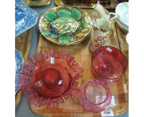 Tray of assorted items to include; two similar Royal Worcester blush ivory tusk jugs, pair of Majolica leaf and berry design 