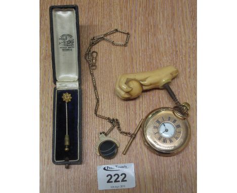 Gold plated gentleman's keyless half hunter pocket watch, together with gilt metal chain and spinning fob and an ivory handle