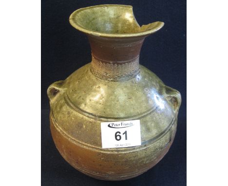 Chinese stoneware twin jar, possibly late Western/early Eastern Han period, overall with a green and brown glaze, the neck wi