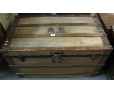 Late 19th/early 20th Century rectangular steamer trunk with wooden and metal mounts. (B.P. 24% incl. VAT)