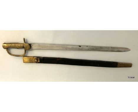 An old sword bayonet with brass hilt and having the makers name to the reverse of the blade Osborn & Gunby, blade length 58cm