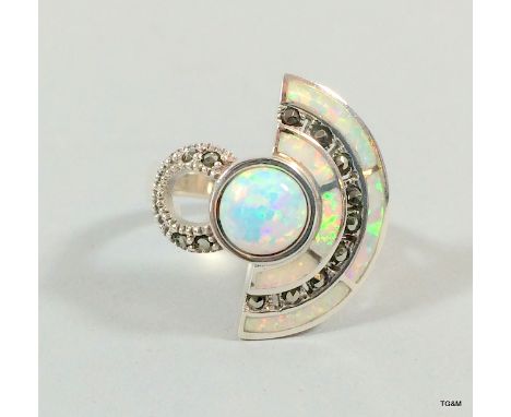 A Silver Opal And Onyx Art Deco Style Ring