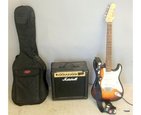 A Marshall portable amplifier with electric guitar & carry case
