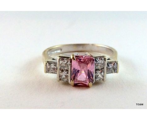 9ct white gold ladies pink topaz Art Deco style ring size L