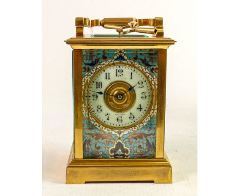 Large gilded brass cased repeating carriage clock with Cloisonne dial: Measures 18.5cm including handle.  Winds, ticks and ru
