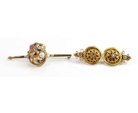 Early 19th century high carat gold &amp; diamond brooch plus ruby pearl and enamel brooch: The diamond brooch tests as 18ct w