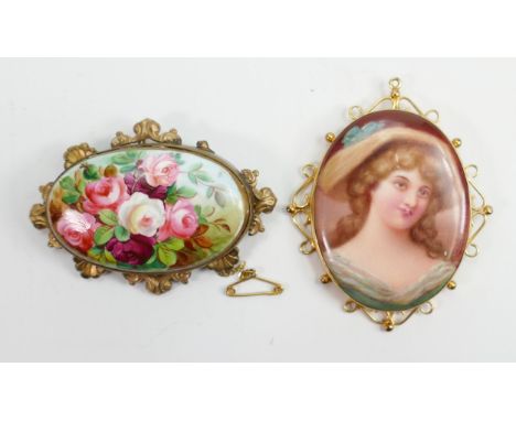 9ct mounted hand painted portrait brooch of a lady: By Leslie Johnson together with another painted floral brooch by J Allen 