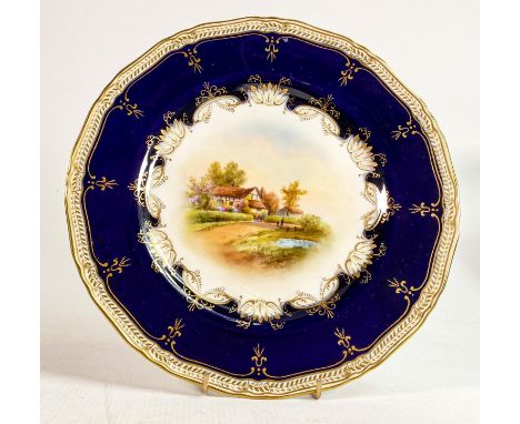 Royal Worcester hand painted Cottage scene design plate signed R Rushton &amp; H Davis: Blue backstamp, diameter 27cm 