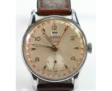 Roamer Calendar 17 jewel gents wrist watch circa 1950s: Winds, ticks, hands set and runs fully down.  Measures 32mm wide excl