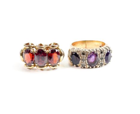 Two gold gemset rings: Amethyst &amp; white stone 9ct hallmarked gold ring, together with un-hallmarked Garnet set ring, test