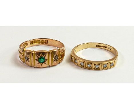 Two 9ct gold rings set diamonds: One ring set with a green centre stone, gross weight 4g, UK sizes O &amp; L (green stone) 