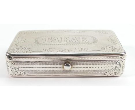 Austrian silver hallmarked tobacco box of larger size: Weight 125g, measuring 9.5cm wide.  Wording to top TABAK. with decorat