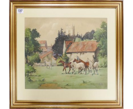 Alfred Cleavin, Watercolour painting of school of horses '': In gilt frame, signed and dated 1956, overall 38 x 49cm. 