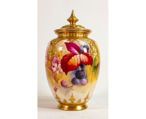 Royal Worcester hand painted Blackberry design potpourri vase &amp; cover Signed K Blake: Puce backstamp, height 19cm 