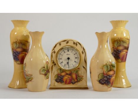 A collection of Aynsley Orchard Gold patterned items to include: Vases &amp; Mantle clock, height of largest vase 21cm 