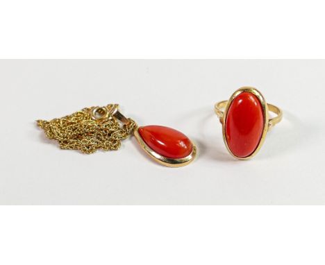18ct set coral ring and pendant together with 9ct chain: Double link 9ct chain weighs 2.2g, the 18ct ring (UK size N) &amp; p