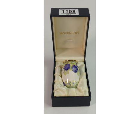 Moorcroft Enamel vase with Pansy design: Height 6cm, boxed 