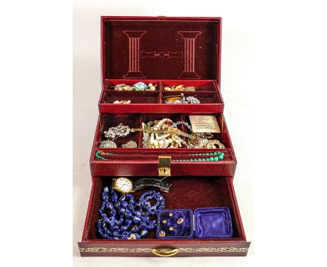 Large jewellery box full of mainly costume jewellery but some gold and silver items noted: Includes Sekonda watch, malachite 