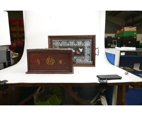 R J Keeling, two handled carved wood tray decorated with silk butterflies and signed, 44 x 30cm and a painted wood box decora