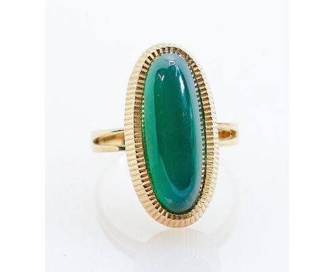 High carat gold and green stone ring: Not hallmarked but tested as high carat, 18ct or better.  Stone could be jade, cabochon