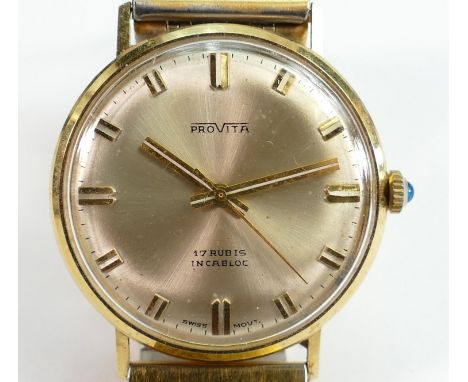 14ct gold Provita gents wristwatch 17 jewels Incabloc: Measures 33mm wide excluding button.  Winds, ticks, sets &amp; runs.  