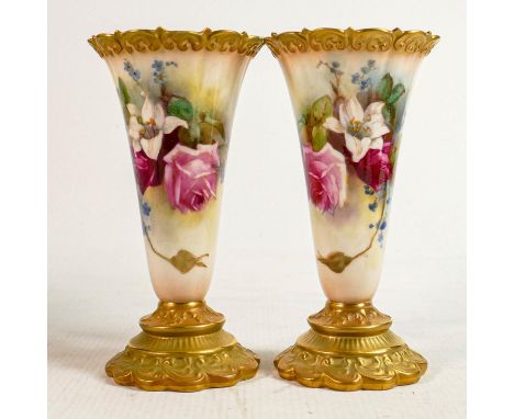 Pair Royal Worcester hand painted Roses design vase signed K Blake: Puce backstamp, height 16cm (2) 