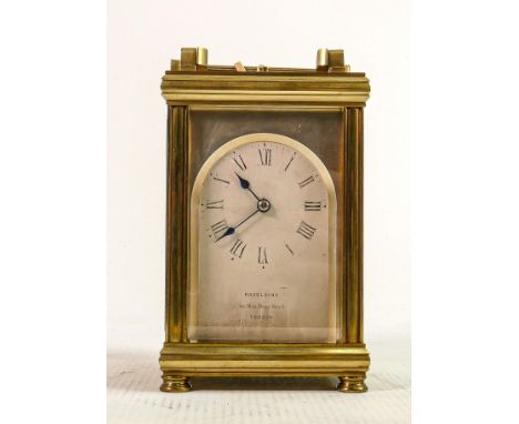 Large silvered arched dial half hour repeating carriage clock by Haseldine London: Measures 18cm including handle.  Winds, ti