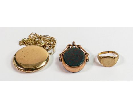 Assorted 9ct gold and other jewellery: Hallmarked 9ct bloodstone &amp; carnelian spinning fob, 9ct gold childs signet ring (b