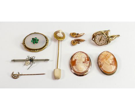 Assortment of 9ct gold and other jewellery and watches: Includes 9ct gold and enamel cufflinks, 9ct gold ladies wrist watch w