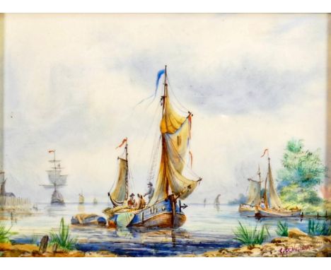 20th century ceramic plaque with nautical scene signed S.D Nowacki: Mounted in gilt frame, 25.5cm x 30.5cm 