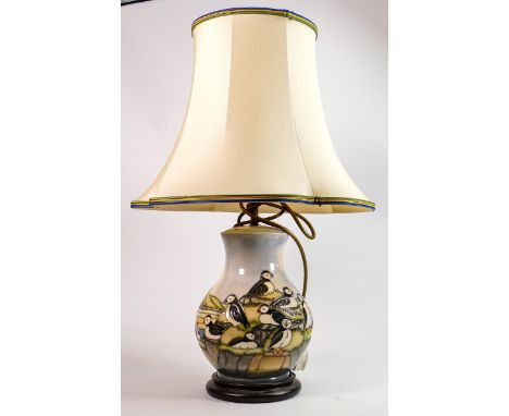 Large Moorcroft Puffins pattern lamp base &amp; shade: Height with shade 58cm 